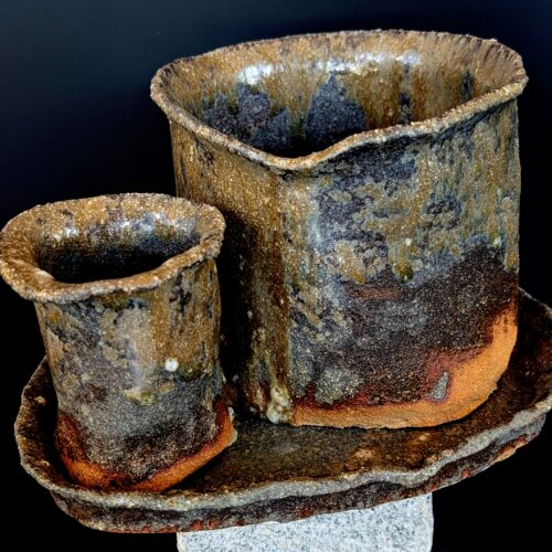 „SHIN-RIN – Der tiefe Hain / Deep Grove Trio“ – 3er Set Wabi-Sabi Vasen mit Unterteller / Handcrafted Ceramic Planter Set (One of a Kind)